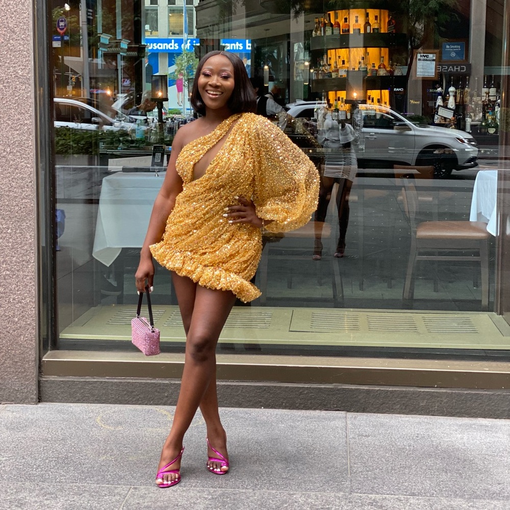 Custom made with stoned fabric short dress.